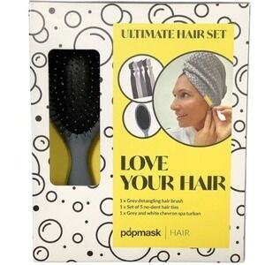 Popmask Ultimate Hair Set Detangling Brush Spa Turban No-Dent Hair Ties Grey